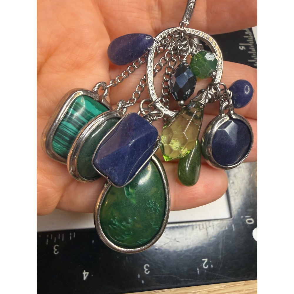 Multistone Cluster Pendant Necklace Silver Tone Adjustable Slider Green Blue